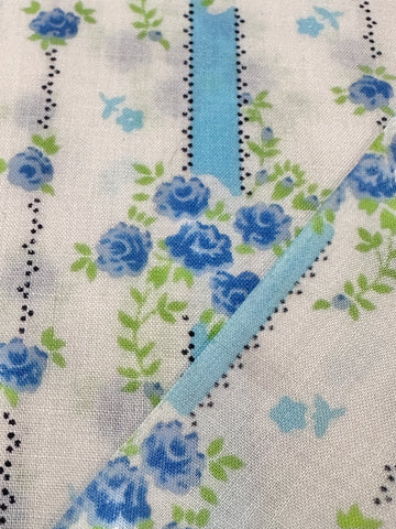Vintage Fabric 1970s Small Blue Flowers w Green Leaves & Sky Blue Stripe 88cm Wide
