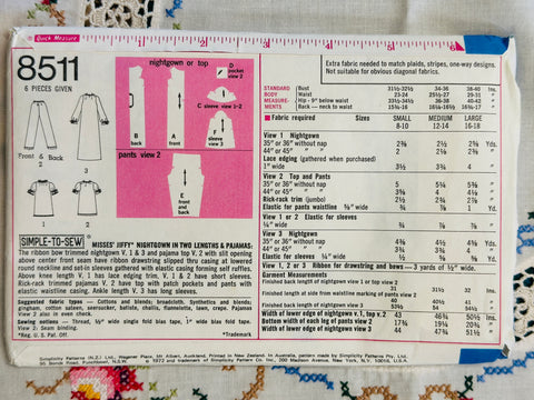 NIGHTGOWN & PAJAMAS: Simplicity Jiffy Sewing Pattern 1972 Size Medium 12-14 Uncut FF * 8511