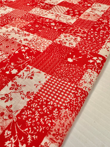 Vintage Fabric 1980s Faux Patchwork Red & White Squares 88cm Wide