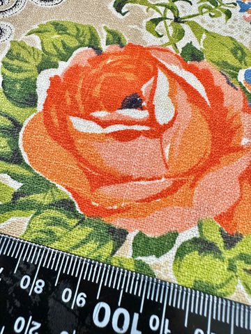 FAT QUARTER Vintage Fabric 1950s Flowers on Tan Cotton Cretonne 43cm x 50cm