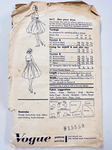 ONE PIECE DRESS: Vogue Sewing Pattern 1957 Size 14 Incomplete *9617