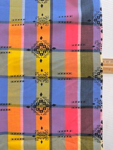 REMNANT Vintage Fabric 70s? 80s? Modern? Bright Woven Plaid w/ Graphic Overprint Shirting 54cm x 31cm