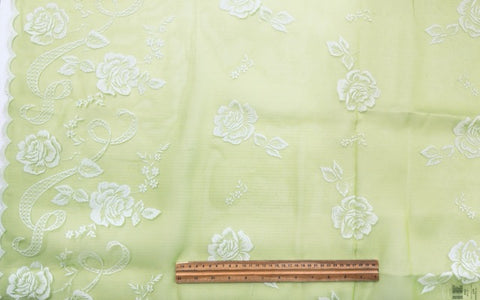 Vintage Fabric 1960s Rare Border Print Flocked Flowers Scalloped Edge Green Nylon 106cm Wide
