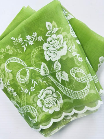Vintage Fabric 1960s Rare Border Print Flocked Flowers Scalloped Edge Green Nylon 106cm Wide
