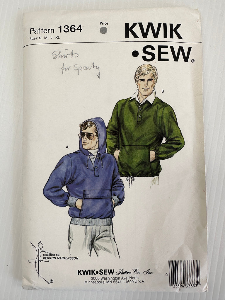 MENS HOODIE SWEATER SHIRT: Vintage Sewing Pattern Kwik Sew 1984 Sz S-XL *1364