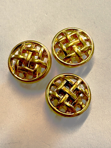 ONE SET ONLY: Vintage Buttons 1980s Gold Tone Plastic w/ Open Lattice Face Shank 20mm x 3