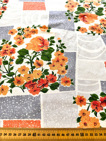 LAST 1/2m: Vintage Fabric 1950s Curtain Cotton Cretonne Bright Floral on Grey 88cm Wide
