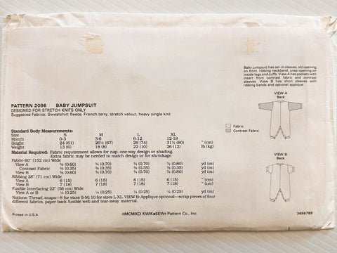 BABY JUMPSUIT: Kwik Sew Baby Vintage Sewing Pattern 1991 Sizes S-M-L-XL Unused FF *2096