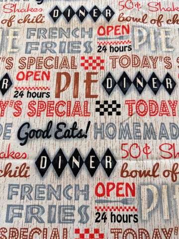 1m LEFT: Modern Fabric 2013 Quilt Cotton Good Eats Diner Words Me-Oh-My SPX Fabrics 112cm Wide