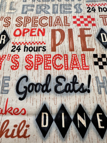 1m LEFT: Modern Fabric 2013 Quilt Cotton Good Eats Diner Words Me-Oh-My SPX Fabrics 112cm Wide
