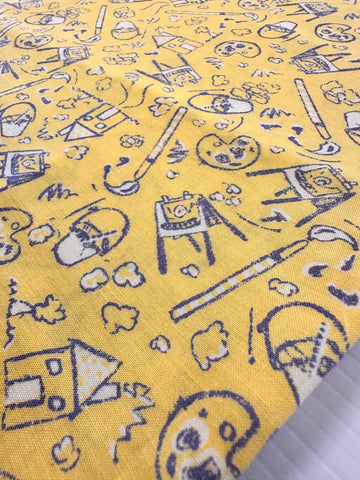 2m LEFT: Modern Fabric 80s Style Artists Novelty Print on Lemon Yellow 112cm Wide