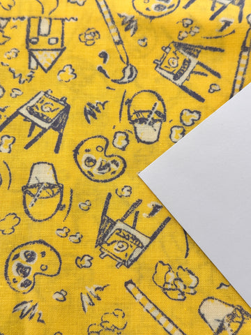 2m LEFT: Modern Fabric 80s Style Artists Novelty Print on Lemon Yellow 112cm Wide