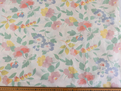2m LEFT: Vintage Fabric Cotton Sheeting 1980s Pastel Flowers on White 150cm Wide
