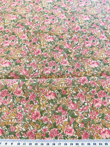 LAST PIECE Vintage Fabric 1980s Pinks Greens Floral Cotton Blend Twill Weave 108cm x 50cm