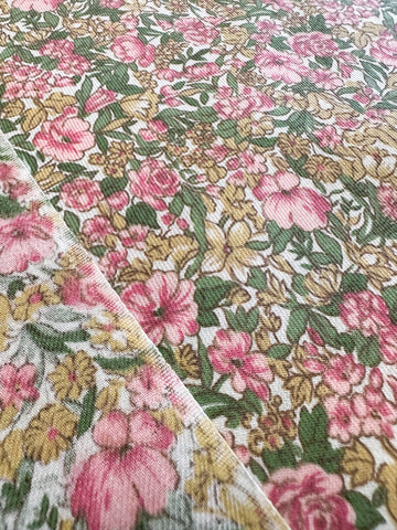 LAST PIECE Vintage Fabric 1980s Pinks Greens Floral Cotton Blend Twill Weave 108cm x 50cm
