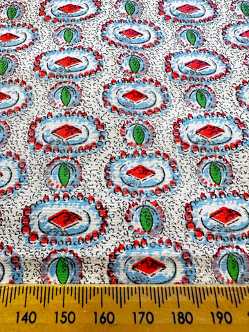 Vintage Fabric Light Weight Crispy Cotton 50s 60s Jewel Colours Cameos Black Squiggle 88cm Wide