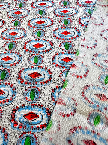 Vintage Fabric Light Weight Crispy Cotton 50s 60s Jewel Colours Cameos Black Squiggle 88cm Wide