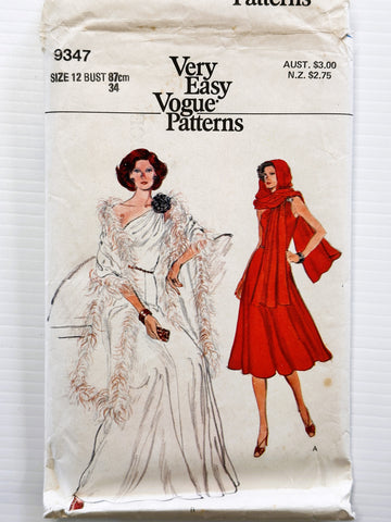 ONE-SHOULDER EVENING DRESS & STOLE: Very Easy Vogue Sewing Pattern c. 1975 Size 12 Bust 34 Used Incomplete *9347