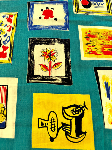 LAST PIECE Vintage Fabric Cotton 60s 70s Kitsch Paintings on Teal Wall 90cm x 50cm