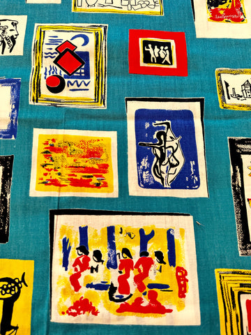 LAST PIECE Vintage Fabric Cotton 60s 70s Kitsch Paintings on Teal Wall 90cm x 50cm