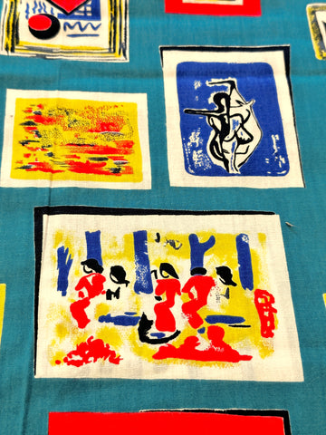 LAST PIECE Vintage Fabric Cotton 60s 70s Kitsch Paintings on Teal Wall 90cm x 50cm