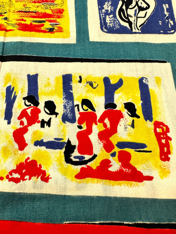 LAST PIECE Vintage Fabric Cotton 60s 70s Kitsch Paintings on Teal Wall 90cm x 50cm
