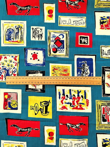 LAST PIECE Vintage Fabric Cotton 60s 70s Kitsch Paintings on Teal Wall 90cm x 50cm