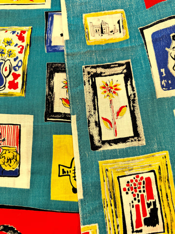 LAST PIECE Vintage Fabric Cotton 60s 70s Kitsch Paintings on Teal Wall 90cm x 50cm