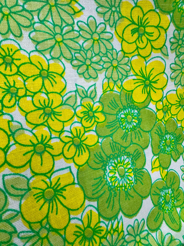 4m LEFT: Vintage Fabric Cotton Sheeting 1970s Hippie Retro Green Yellow Flowers 150cm Wide