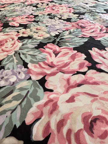 Vintage Fabric 1980s? Dramatic Large Romantic Floral on Black Base 118cm Wide