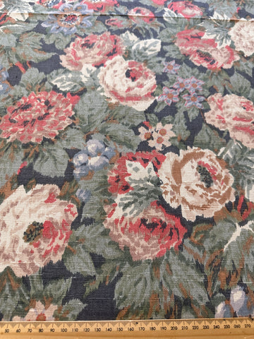 5m LEFT: Vintage Fabric 1980s? 90s? Muted Medium Scale Floral Cotton Linen Blend Upholstery 134cm Wide