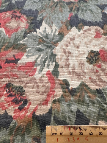 3m LEFT: Vintage Fabric 1980s? 90s? Muted Medium Scale Floral Cotton Linen Blend Upholstery 134cm Wide