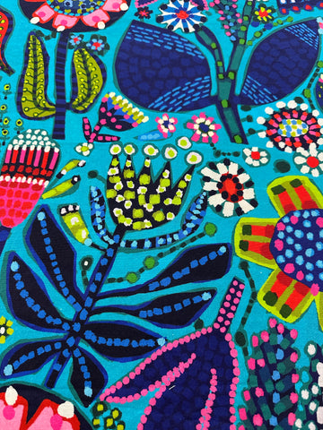 Modern Fabric Nerida Hansen x Miss Moresby Cotton OOP Painterly Flowers on Blue 140cm Wide