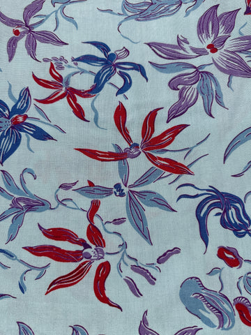 Mid-Century Vintage Fabric 1950s Cotton Pale Blue Floral Border Print 88cm Wide