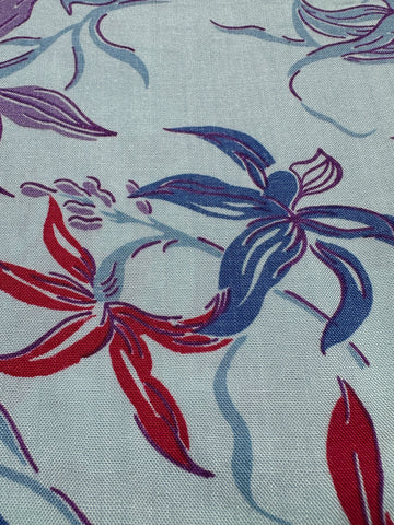 Mid-Century Vintage Fabric 1950s Cotton Pale Blue Floral Border Print 88cm Wide