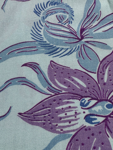 Mid-Century Vintage Fabric 1950s Cotton Pale Blue Floral Border Print 88cm Wide