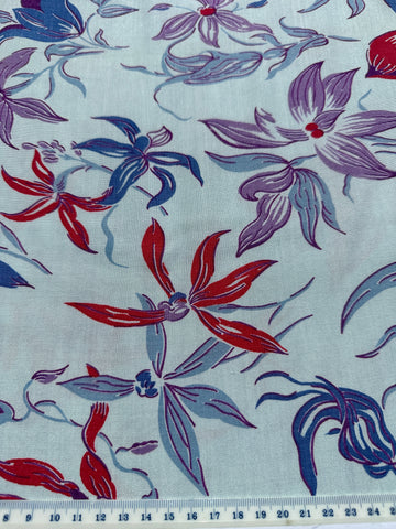 Mid-Century Vintage Fabric 1950s Cotton Pale Blue Floral Border Print 88cm Wide