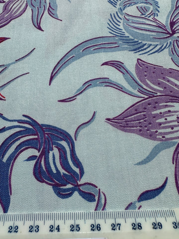 Mid-Century Vintage Fabric 1950s Cotton Pale Blue Floral Border Print 88cm Wide