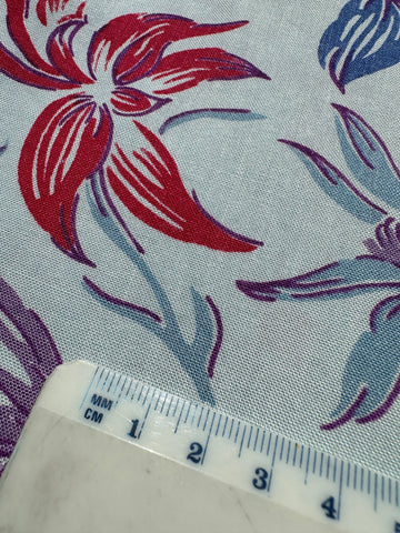 Mid-Century Vintage Fabric 1950s Cotton Pale Blue Floral Border Print 88cm Wide