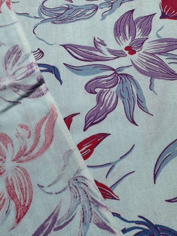 Mid-Century Vintage Fabric 1950s Cotton Pale Blue Floral Border Print 88cm Wide