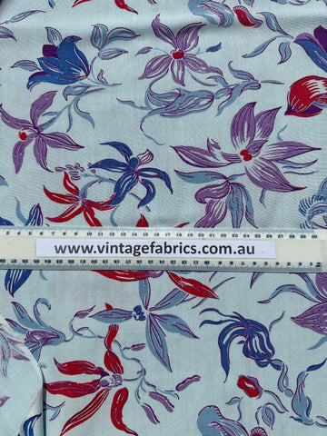 Mid-Century Vintage Fabric 1950s Cotton Pale Blue Floral Border Print 88cm Wide