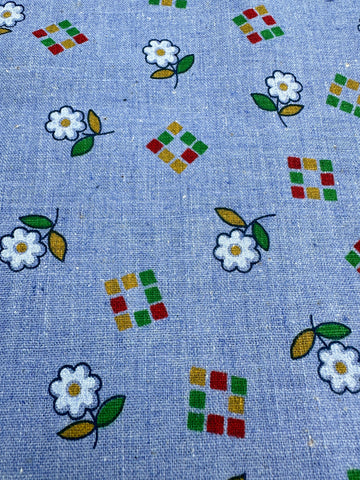 Vintage Fabric 80s Blue Woven Chambray Cotton w/ White Daisies & Cubes 112cm Wide