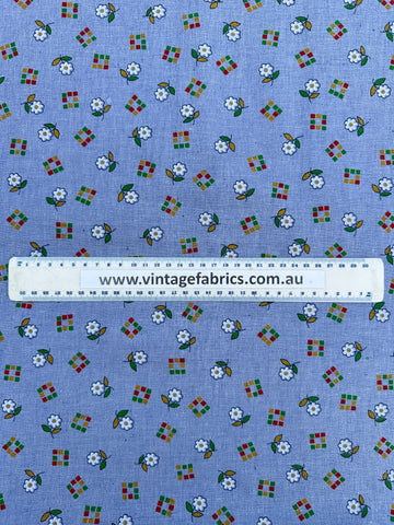 Vintage Fabric 80s Blue Woven Chambray Cotton w/ White Daisies & Cubes 112cm Wide