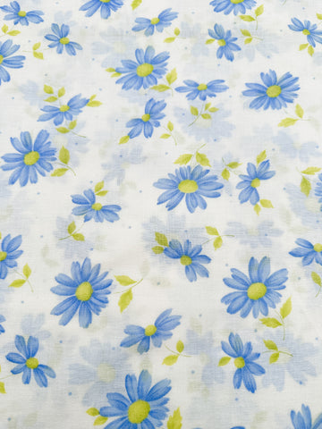 Vintage Fabric 1960s Light Weight Cotton w/ Blue Green Flowers 86cm Wide