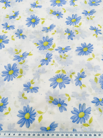 Vintage Fabric 1960s Light Weight Cotton w/ Blue Green Flowers 86cm Wide