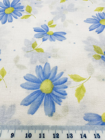 Vintage Fabric 1960s Light Weight Cotton w/ Blue Green Flowers 86cm Wide
