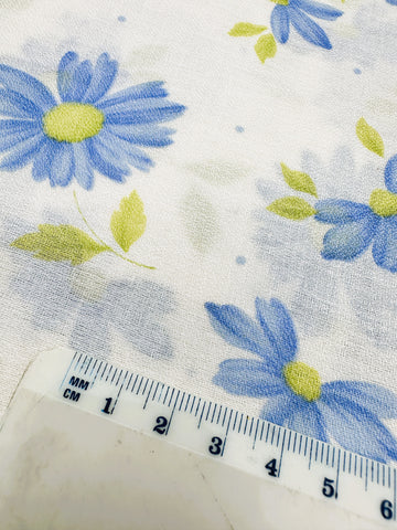 Vintage Fabric 1960s Light Weight Cotton w/ Blue Green Flowers 86cm Wide