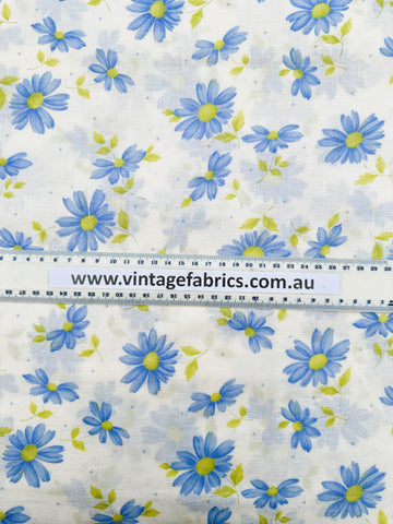 Vintage Fabric 1960s Light Weight Cotton w/ Blue Green Flowers 86cm Wide