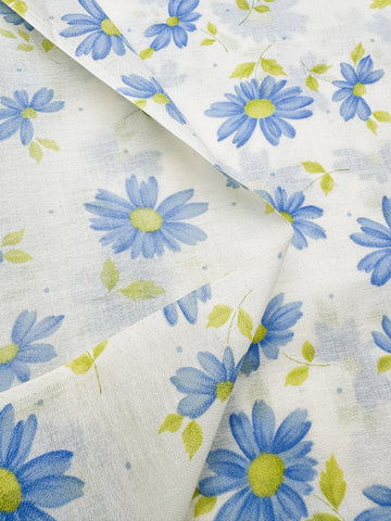 Vintage Fabric 1960s Light Weight Cotton w/ Blue Green Flowers 86cm Wide