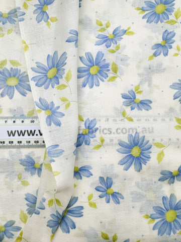 Vintage Fabric 1960s Light Weight Cotton w/ Blue Green Flowers 86cm Wide
